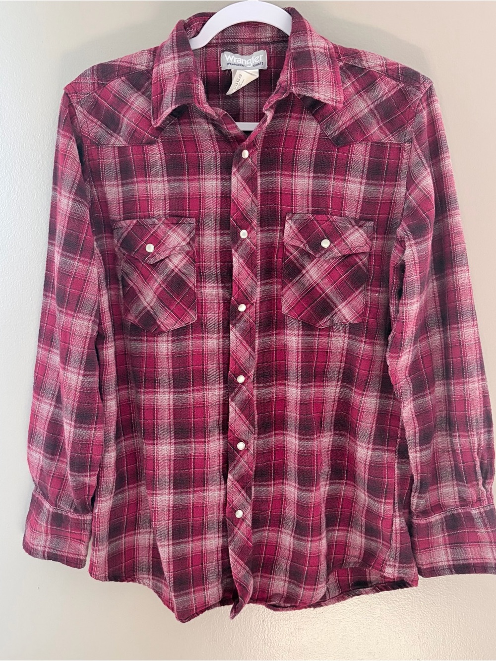 Wrangler Wrancher Western Plaid Pearl Snap Button Shirt Mens Medium Red